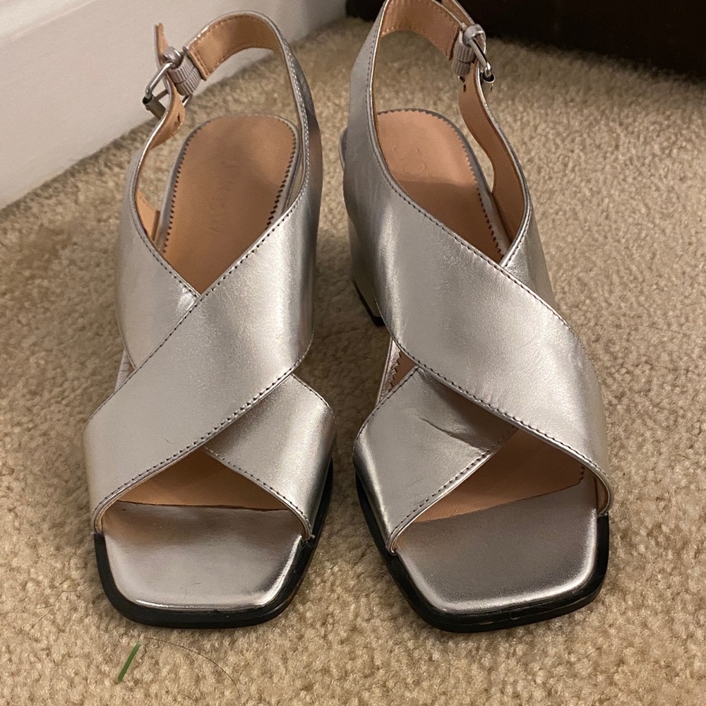 J. Crew Dylan Criss Cross Silver Block Heel Sandals - Picture 2 of 6